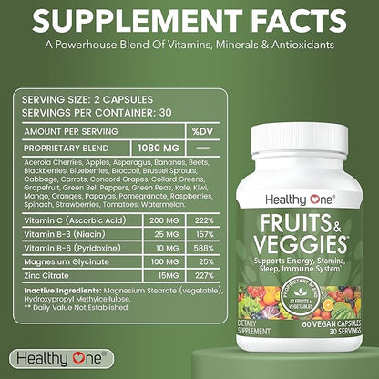 Fruits & Veggies - 27 Balanced Whole Foods of Nature - Vitamins - Minerals - Antioxidants - Detox - Vegetables - Kale - Broccoli - Spinach - Beets - Raspberries - Multivitamin - 60 Count