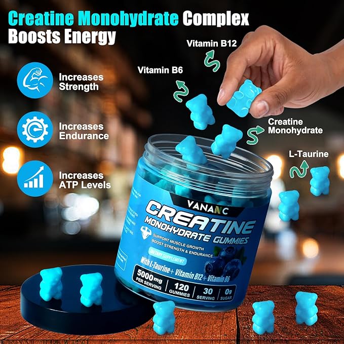 Creatine Monohydrate Gummies 5000g for Men Women, Sugar Free Chewables Creatine Pre-Workout Supplement with L-Taurine + Vitamins for Muscle Strength, Boost Energy & Endurance,120 Gummies-Blueberry
