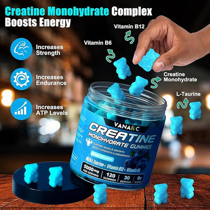Creatine Monohydrate Gummies 5000g for Men Women, Sugar Free Chewables Creatine Pre-Workout Supplement with L-Taurine + Vitamins for Muscle Strength, Boost Energy & Endurance,120 Gummies-Blueberry