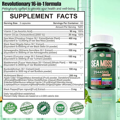 Sea Moss 12000mg Black Seed Oil 6000mg Ashwagandha 3000mg Turmeric 1000mg Bladderwrack 2000mg Burdock 3000mg & Vitamin C & D3 with Elderberry Manuka Dandelion Yellow Dock Iodine Chlorophyll ACV
