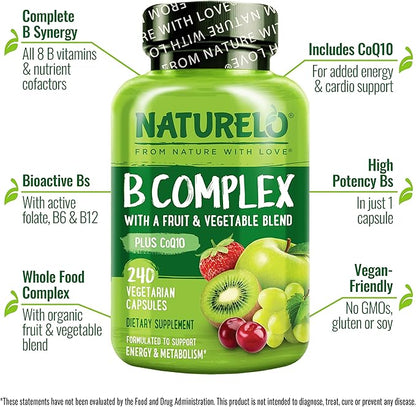 NATURELO Vitamin B Complex with Methyl B12, Methyl Folate, Vitamin B6, Biotin Plus Choline, CoQ10, and Fruit & Vegetable Blend - Supports Energy & Healthy Stress Response - Vegan - 240 Capsules