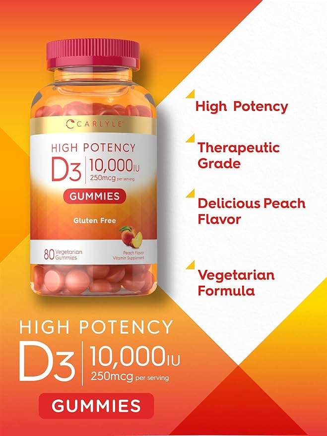 Carlyle Vitamin D3 10000iu Gummies for Adults | 80 Count | Peach Flavored Gummy | High Potency for Women & Men | Vegetarian, Non-GMO, Gluten Free Supplement