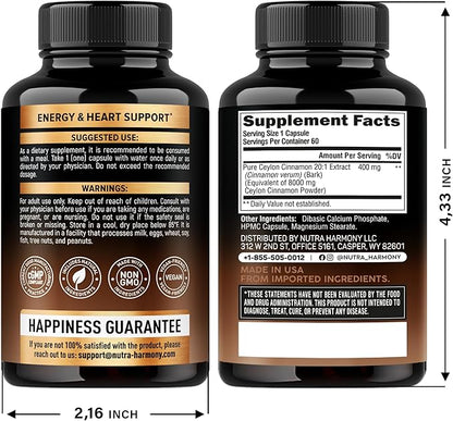 Ceylon Cinnamon Capsules - Extra Strength - Energy, Heart & Metabolism Support - for Men & Women - Pure Natural Extract 20:1 Supplement - Made in USA - GMO & Gluten Free, 60 Capsules, 2 Month Supply