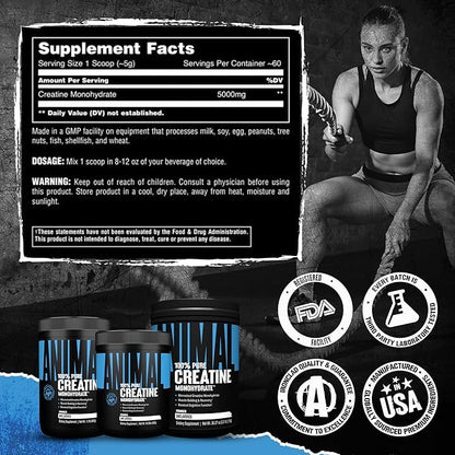 Animal Creatine Monohydrate Powder – Micronized Creatine for Women and Men, Supports Muscle Growth, Strength, Endurance, Recovery and ATP Production, Gym & Workout Supplements - Unflavored, 300g