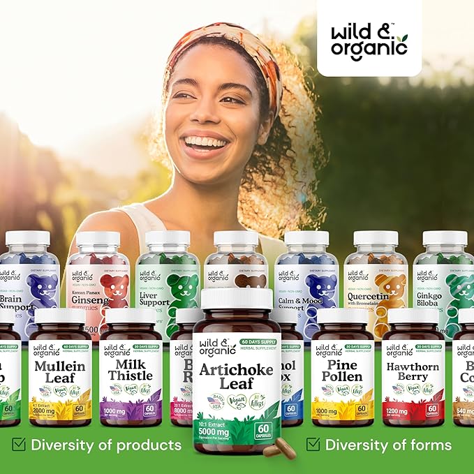 Wild & Organic Artichoke Extract Capsules 500 mg - Liver & Digestive Support - Artichoke Leaf Extract Supplement - Cynara Scolymus Leaf Powder - Vegan, No Fillers, Non-GMO - 60 Count