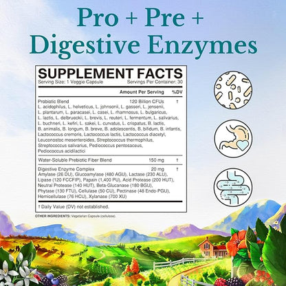 Vitalitown Probiotics 120 Billion CFUs | 36 Strains, with Prebiotics & Digestive Enzymes for Men Women | Shelf Stable | Digestive & Immune Support | Vegan | 60 Delayed Release Veg Caps