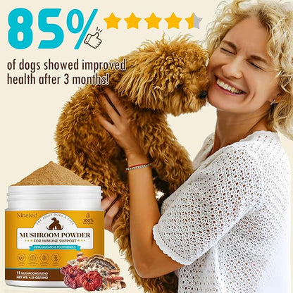 Organic Mushroom Supplement Powder for Dogs & Cats – 11 Mushroom Complex with Turkey Tail, Reishi & Cordyceps, Supports Lipoma, Lumps & Bumps Relief, Immune & Skin Health, 120g