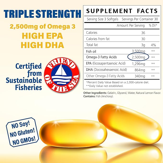 Omega 3 Fatty Acid Supplements. Burpless Fish Oil 3500mg High EPA DHA for Women & Men. Odorless, No Burp, Mercury Free Omega 3 Capsules.