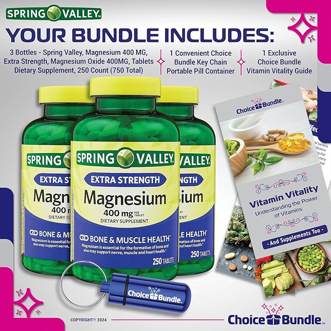 Spring Valley Magnesium Bone & Muscle Health Dietary Supplement Tablets 400 mg 250 Ct 3 pk Choice Bundle (750 Total) + “Vitamin Vitality” Guide & Pill Container (5 Items)!