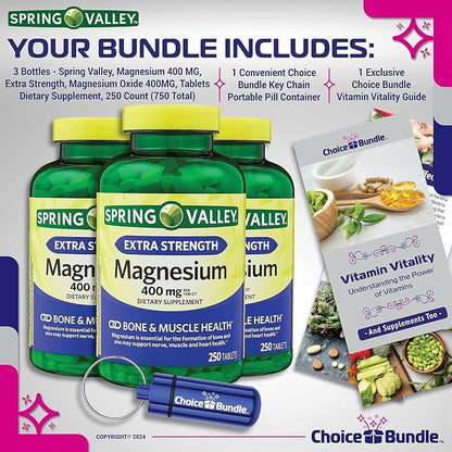 Spring Valley Magnesium Bone & Muscle Health Dietary Supplement Tablets 400 mg 250 Ct 3 pk Choice Bundle (750 Total) + “Vitamin Vitality” Guide & Pill Container (5 Items)!