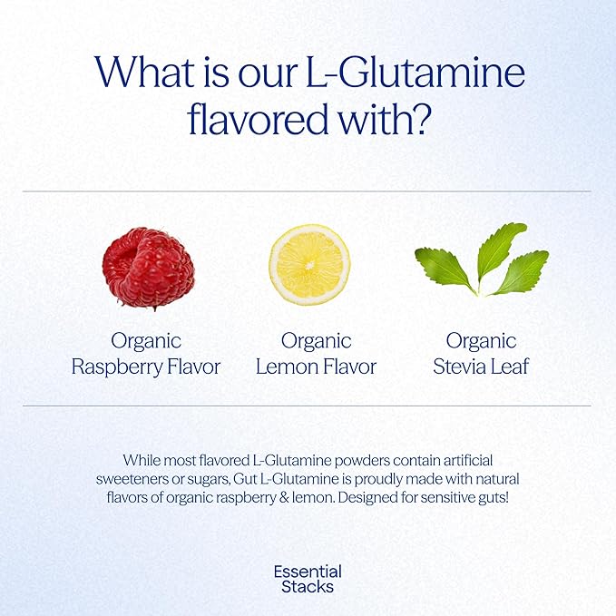 Essential Stacks Gut L-Glutamine Powder - Exclusively Made in USA - Pure L Glutamine Powder for Gut Health (50 Servings, Raspberry Lemonade)