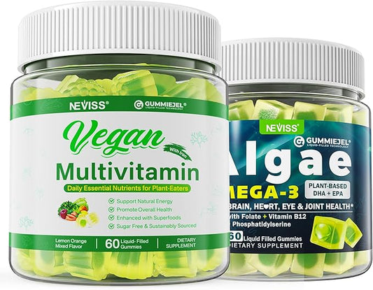Vegan Omega 3 Gummies 1000mg with Vegan Multivitamin for Women Men with Iron, Vitamin B12, A, D3, K2, Algae Omega 3, Magnesium, Zinc