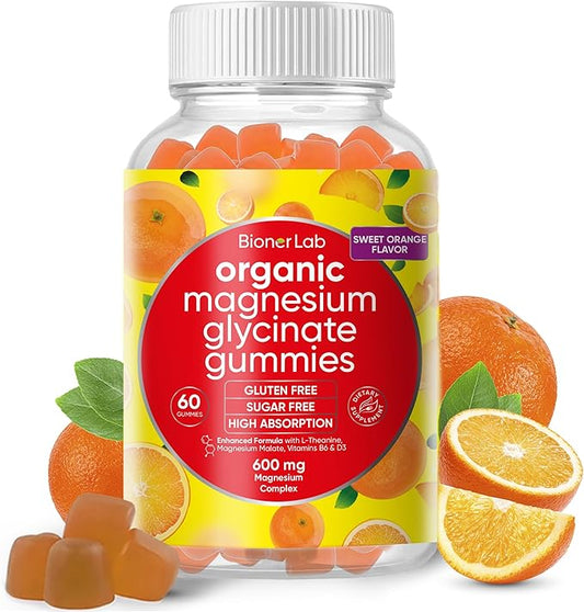 Magnesium Glycinate Chewable Gummies (600mg) for Kids & Adults Women Men - Vegan Complex with Calcium Potassium Vitamin D B6 L-Theanine - Sugar & Gluten Free - Orange Flavor