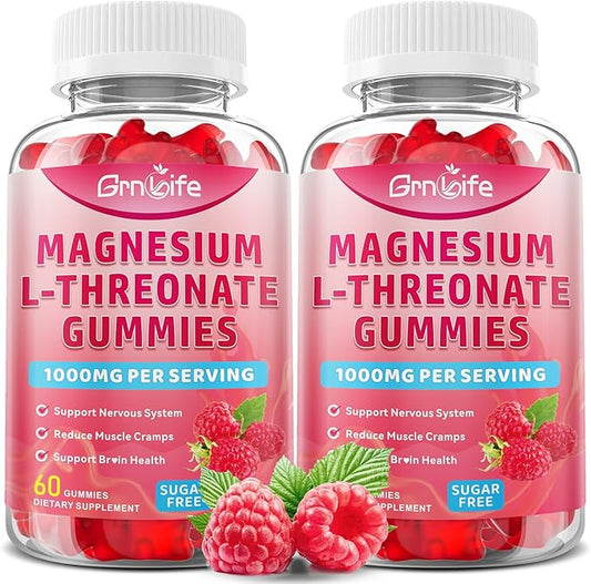 2 Pack Magnesium L-Threonate Gummies 1000MG, Magnesium Threonate Supplement for Kids & Adults, Muscle & Nervous System Support, Sugar-Free, Raspberry Flavor, 120 Count
