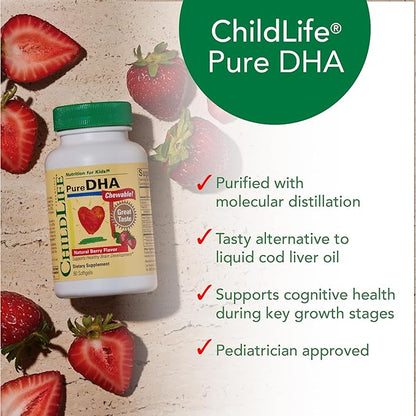 CHILDLIFE ESSENTIALS Pure DHA for Kids - DHA Supplements, DHA EPA Omega 3 Supplement, Children DHA Chewables, Baby DHA, Fish Oil for Toddlers, Gluten Free - Natural Berry, 90 Softgels (Pack of 1)
