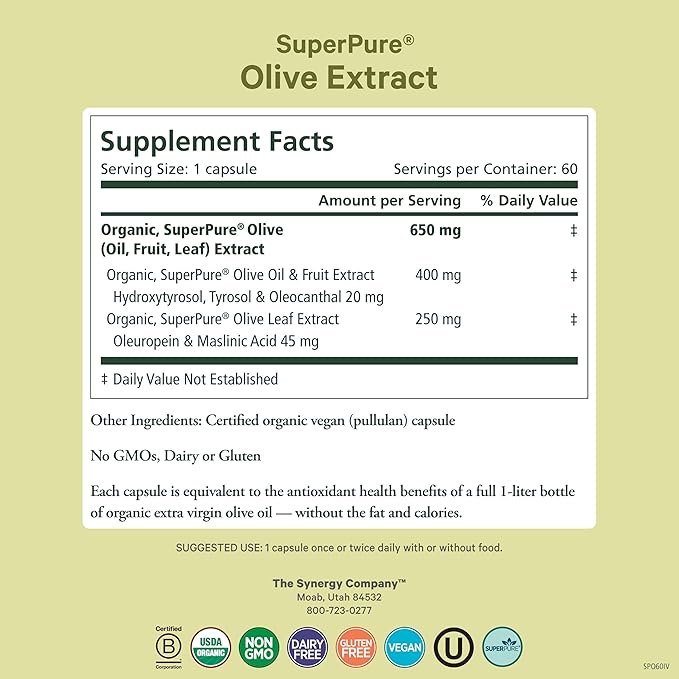 PURE SYNERGY SuperPure Olive Extract | Organic Olive Leaf, Oil, and Fruit Supplement with Polyphenols | for Heart, Brain, and Immune Health (60 Capsules)