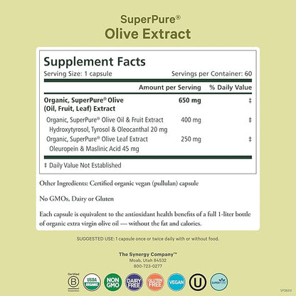 PURE SYNERGY SuperPure Olive Extract | Organic Olive Leaf, Oil, and Fruit Supplement with Polyphenols | for Heart, Brain, and Immune Health (60 Capsules)