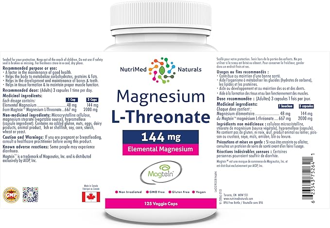 Elemental Magnesium L-Threonate Supplement 144mg 125 Caps - Magtein Magnesium L-Threonate Capsules - Nutrimed Naturals - 3rd Party Tested