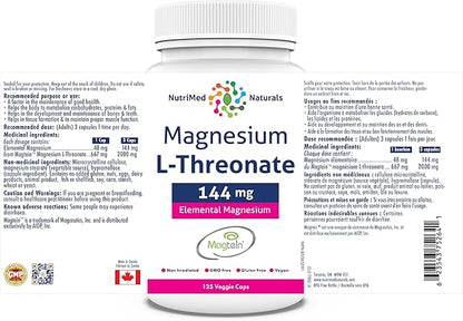 Elemental Magnesium L-Threonate Supplement 144mg 125 Caps - Magtein Magnesium L-Threonate Capsules - Nutrimed Naturals - 3rd Party Tested