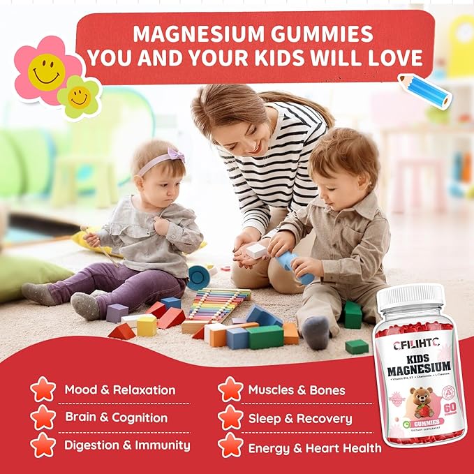 Kids Magnesium Glycinate Gummies with Calm Magnesium Citrate, L-Threonate Supplement for Kids & Adults with Zinc, Vitamin D3, B12, L-Theanine for Sleep Bone & Muscle Mood, Strawberry, 60ct