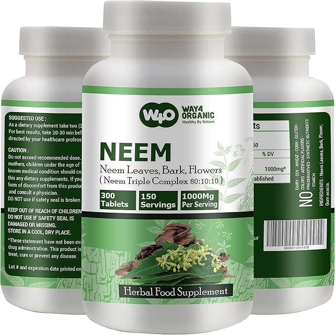 Neem Triple Complex - High-Potency Azadirachta Indica Tablets, Neem Leaves, Bark, Flowers in Ratio (80:10:10) - 300 Tablets, 150 Serving, 1000 Mg (1 Pack)