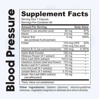 Blood Pressure Support Supplement with Garlic, Hibiscus, and Hawthorn - Supports Cardiac Health and Circulation, Healthy Heart-Supporting Herbs and Vitamins - 90 Capsules, 3 Months Supply.