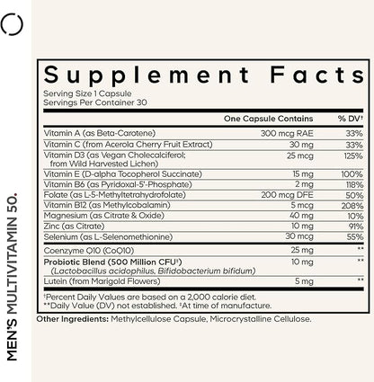 Codeage Men's Multivitamin 50 - Essential Vitamins & Minerals for Men Over 50 - Daily Multivitamins for Men Supplement - Vitamin A, C, D3, E, B6, B1, CoQ10, Probiotics, Lutein - Non-GMO - 30 Capsules