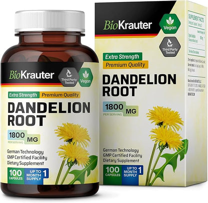 BIO KRAUTER Dandelion Root Capsules - 1800 mg Strength - 100 Count - Dandelion Root Supplement - Vegan Capsules for Liver Support