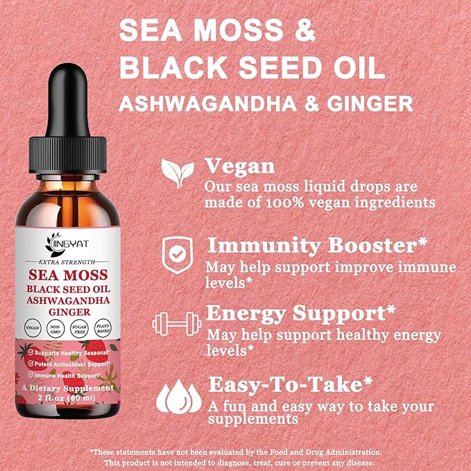 (2 Pack) Sea Moss Black Seed Oil Ashwagandha Ginger Liquid Drops, Rich in Vitamins with Burdock Root, Bladderwrack, Vegan Irish Sea Moss, 6X Stronger Than Pills & Capsules