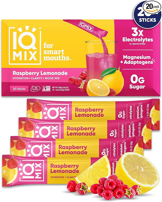 IQMIX Hydration Electrolyte Powder – 4-in-1 Formula for Hydration, Mental Clarity, Mood and Recovery – Sugar-Free Drink Mix, Keto, Magnesium L-Threonate, Lion’s Mane – 20 Count New Raspberry Lemonade