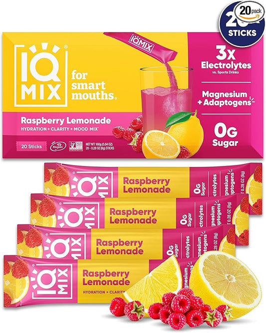 IQMIX Hydration Electrolyte Powder – 4-in-1 Formula for Hydration, Mental Clarity, Mood and Recovery – Sugar-Free Drink Mix, Keto, Magnesium L-Threonate, Lion’s Mane – 20 Count New Raspberry Lemonade