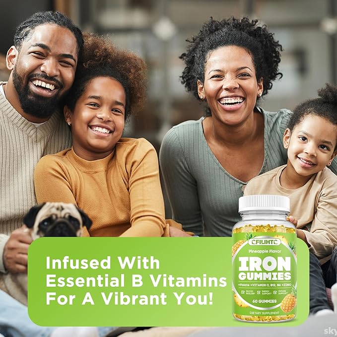 Iron Gummies for Adults & Kids - Iron Supplement with Vitamin B6, B12, C, Zinc, Folate for Women & Men - Support Iron Deficiency, Anemia, Energy Boost, Blood Builder - Sugar Free Vegan 60ct Pineapple