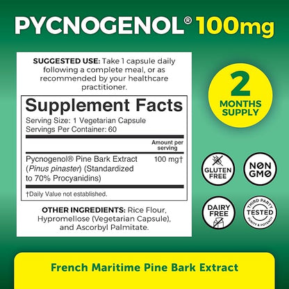 Pycnogenol 100mg from French Maritime Pine Bark Extract Capsules - Healthy Blood Circulation Supplements, Antioxidant Protection, Joint Support and Immune Support - 60 Pycnogenol Supplements