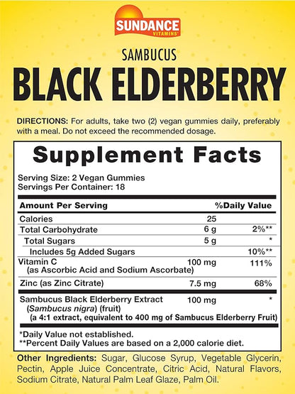 Sundance Black Elderberry Gummies | 36 Count | with Vitamin C and Zinc | Berry Flavor | Vegan, Non-GMO, and Gluten Free Supplement