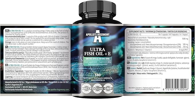 APOLLO'S HEGEMONY Ultra Fish Oil 1000mg with Vitamin E, 180 Softgel Capsules, High Strength Omega 3 with 500mg EPA and 250mg DHA, 6 Months Supply, Fatty Acids (EFAs)