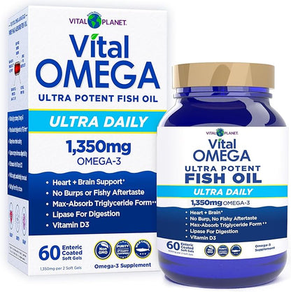 Vital Planet - Vital Omega 3 Fish Oil Ultra Daily Supplement with 1350mg of 2X Strength High Potency Cold Water Wild Caught Omega 3 Fatty Acid Supplements EPA DHA and DPA for Heart Health 60 Softgels
