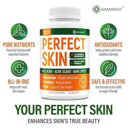 Perfect Skin Acne Capsules – Niacinamide, Biotin, Vitamin A & Probiotics for Teens & Adults – 13 Powerful Ingredients for Face Acne, Acne Scars & Dark Spots – 60 Vegan Capsules, Made in the USA