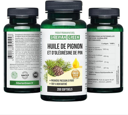 Pine Nut Oil w/Pine Resin Capsules 200 Softgels Wild Harvested Siberia Altai Cold Pressed Unrefined