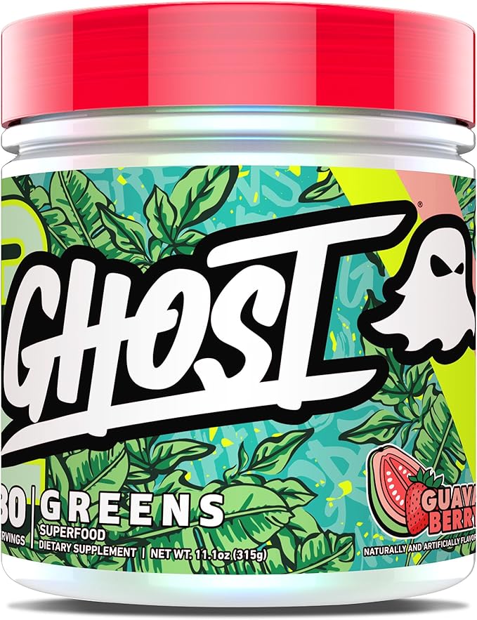 GHOST Greens Powder, Guava Berry - 30 Servings - 19 Superfood Greens & Reds Powder, Fruits, Vegetables, Spirulina, & Chlorella, Prebiotics, 10 Billion CFU Probiotic & Digestive Enzymes - Gluten-Free