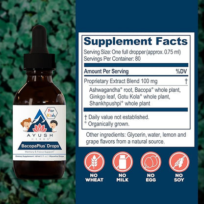 Ayush Herbs BacopaPlus Drops for Kids - Kids Focus and Attention Supplement with Bacopa, Ashwagandha, Ginkgo, Support for Brain & Memory, Organic Ingredients - 2 Fl Oz (80 Servings)