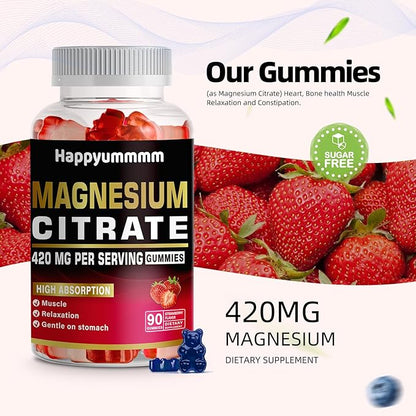 Magnesium Citrate Gummies 420mg per Serving - 90 Vegan Gummies - Promotes Healthy Relaxation, Muscle, Bone, & Energy Support (90 Strawberry Gummies).