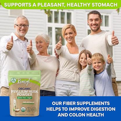 Konsyl Organic Psyllium Husk Powder - Perfect for Vegan Baking - USDA Certified Fiber Supplement Powder - All Natural, Gluten-Free, Sugar-Free, Unflavored
