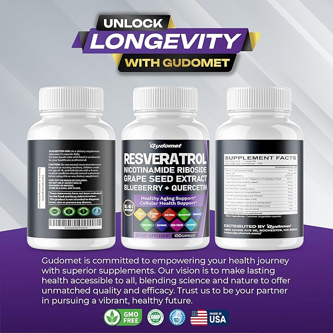 Trans-Resveratrol Grape Seed Nicotinamide Riboside Blueberry Quercetin Turmeric Milk Thistle Berberine - Healthy Aging - 150 Capsules- Made in USA