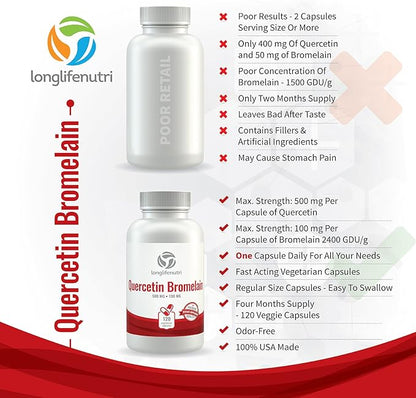 Quercetin 500mg with Bromelain 100mg 120 Vegetarian Capsules | Natural Antioxidant Supplement | Relief Complex | Dihydrate Pure Powder Extract Cap 500 mg Plus