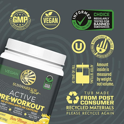 Sunwarrior Pre Workout Powder Energy Drink Non-Stim & Caffeine Free | Vegan Plant-Based Supplement | Pump Hydrate Focus Endurance & Strength Builder | Yuzu Mango Flavored 30 Serving Active Preworkout