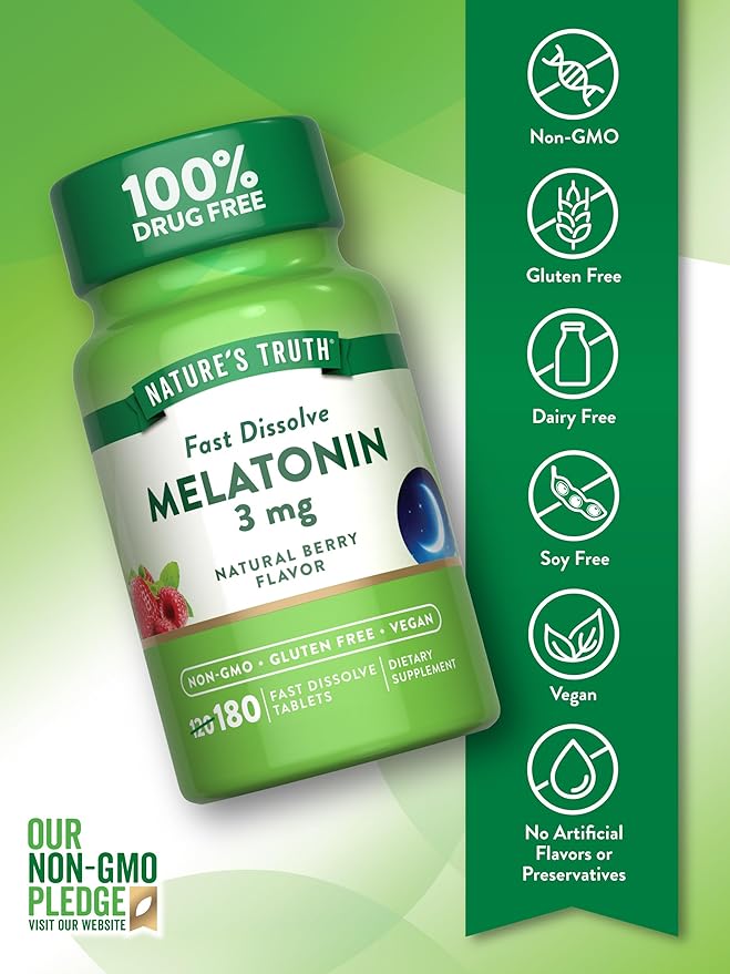 Nature's Truth Melatonin 3mg Fast Dissolve Tablets | 180 Count | Natural Berry Flavor | Vegan, Non-GMO & Gluten Free Supplement
