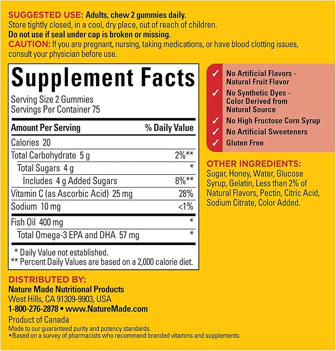 Nature Made Fish Oil Omega 3 Gummies, Omega 3 Fish Oil Supplements, Healthy Heart Support, 150 Gummies, 75 Day Supply