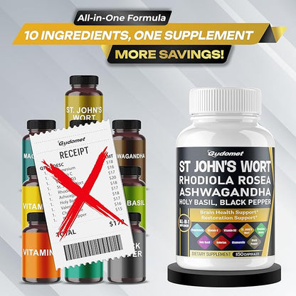 St. John's Wort Rhodiola Rosea Ashwagandha Holy Basil Valerian Chamomile Black Pepper -150 Capsules- Made in USA