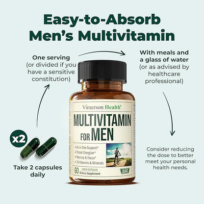 Multivitamin for Men - Daily Mens Multivitamins & Multiminerals with Vitamin D, Vitamin C, B12 Zinc, Iron. Essential Vitamins for Men - Energy, Focus, Stamina, Performance, Mens Health. 60 Liquid Caps
