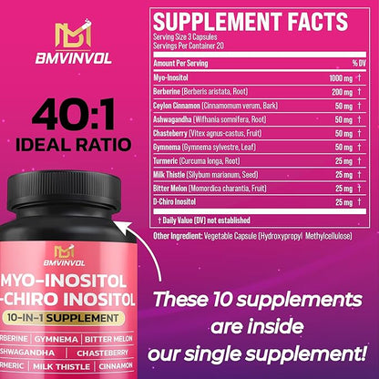 BMVINVOL Inositol Supplement - Myo-Inositol and D-Chiro Inositol Ideal 40:1 Ratio - Plus Berberine, Cinnamon, Ashwagandha + 5 More - 60 Capsules